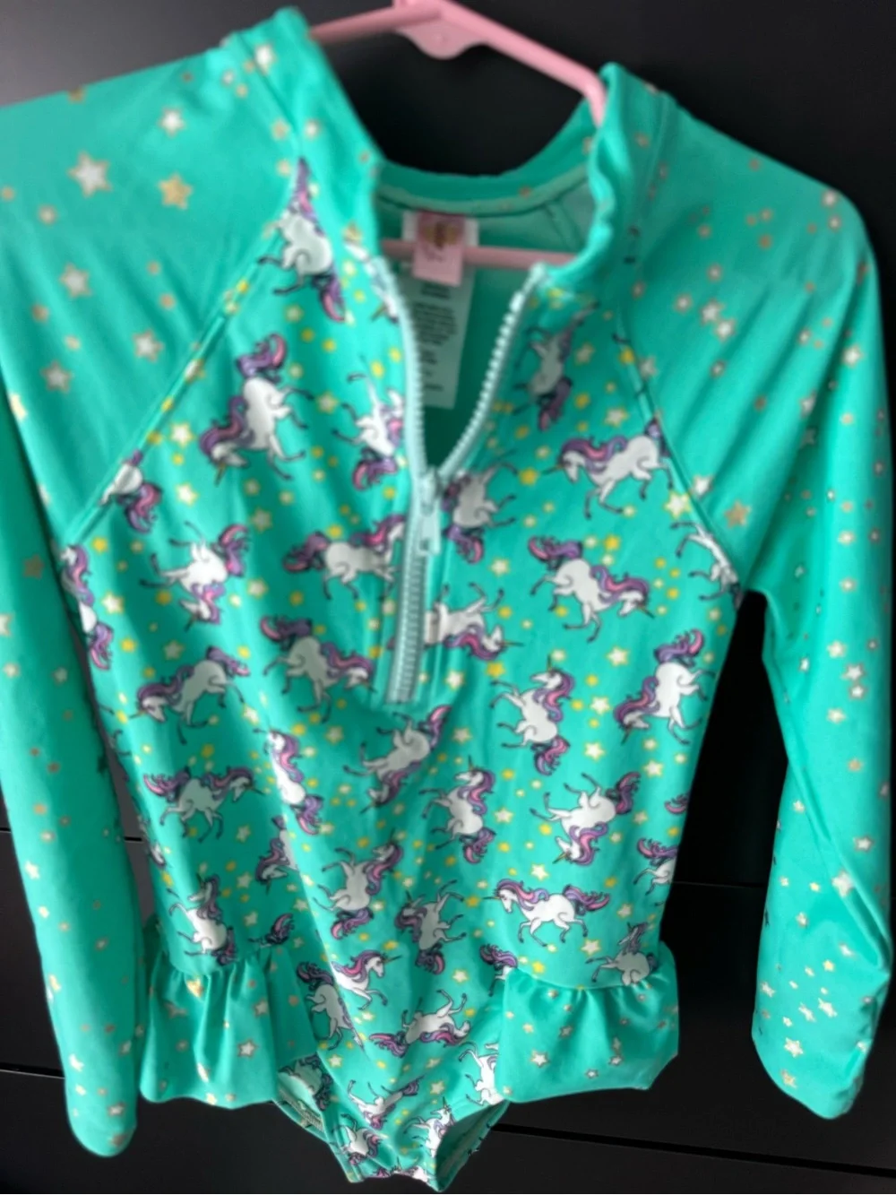 Kids' Teal Unicorn Long-Sleeve Rash Guard Swimsuit